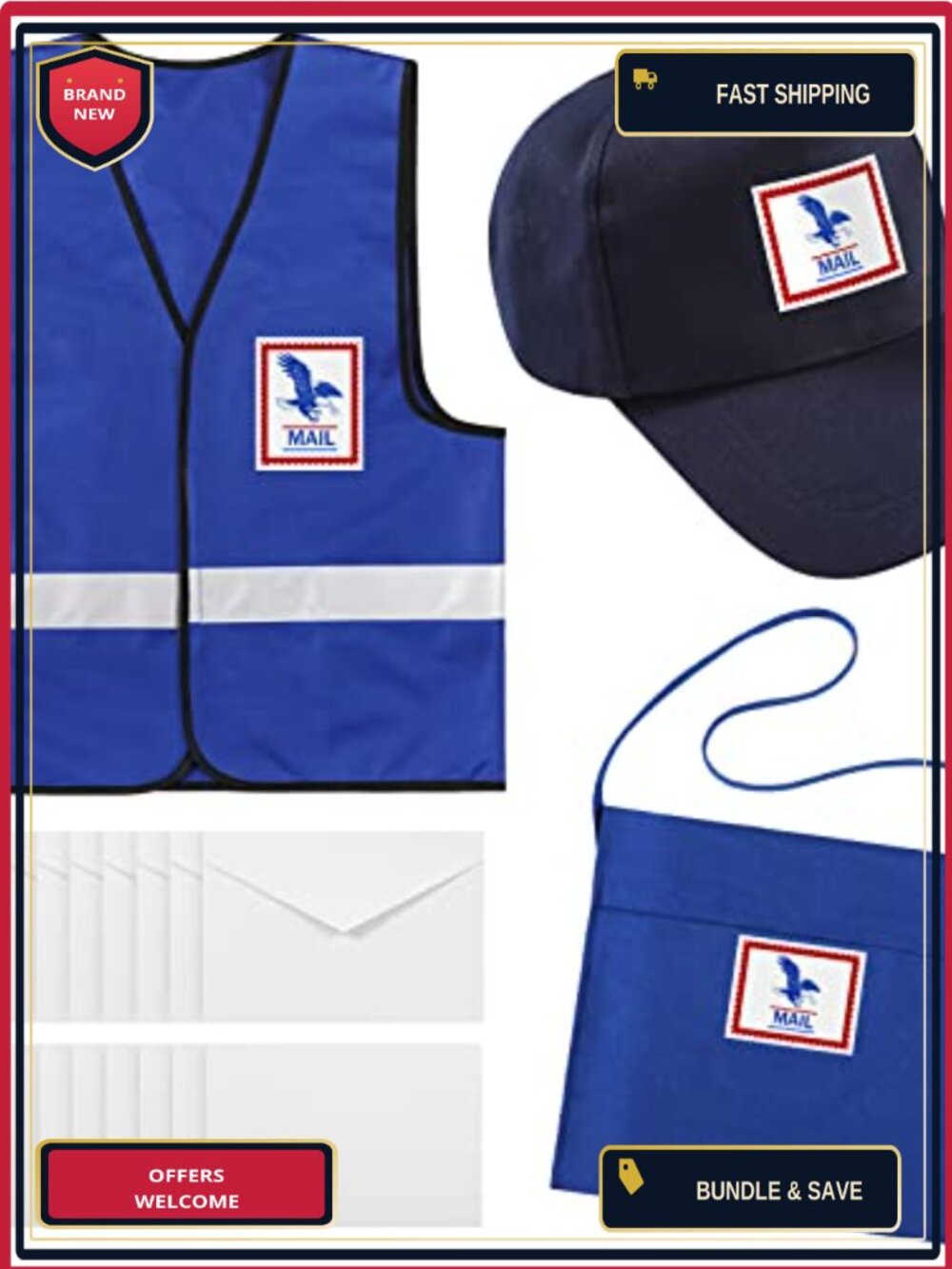 Adult Mailman Costume Set Hat Vest Canvas Bag Envelopes Halloween Cosplay